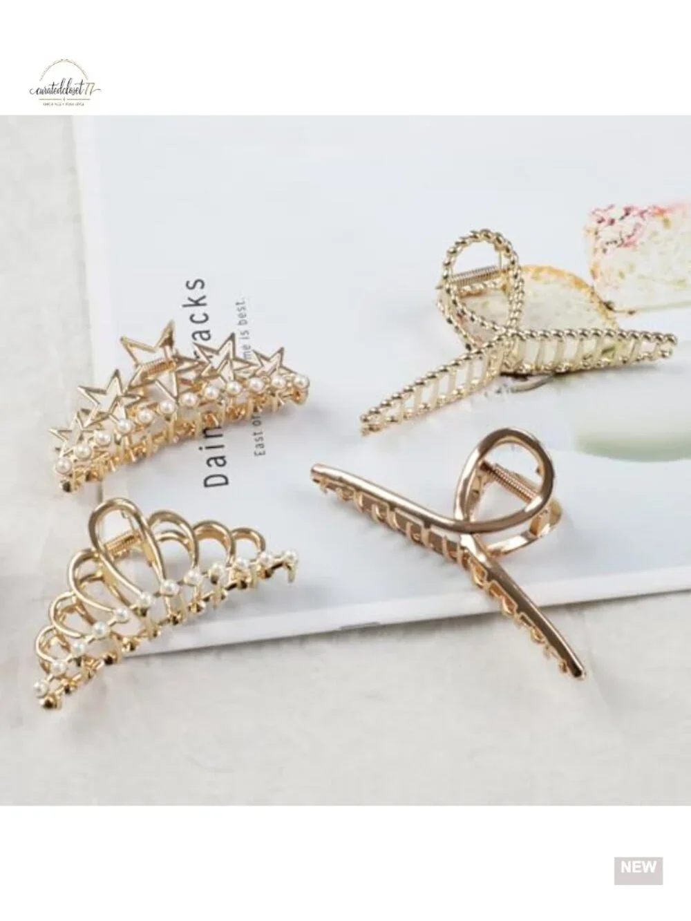 4 Pack Gold Metal Hair Claws with Pearl Embellished Strong Hold Hair Clips